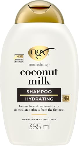 OGX – Shampooing Nourrissant Lait de Coco (flacon de 385 ml) – Soin capillaire hydratant pour cheveux secs – Shampoing sans sulfate pour une douceur immédiate