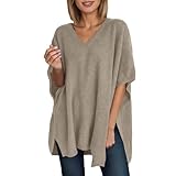 pull poncho fille Taille : version longue. Generisch Poncho pour femme avec col en V, uni, léger, pull, écharpe, cape, pull d\'hiver, tops baggy, élégant, ample, haut, grande taille, pulls, café, S