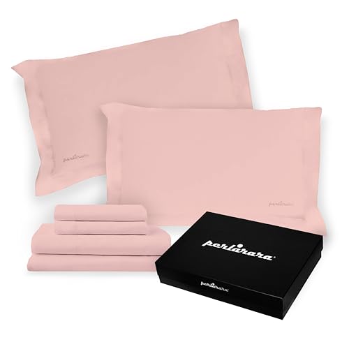 PERLARARA Completo Lenzuola Matrimoniali Cotone Percalle - Set letto Lenzuolo sopra, sotto con angoli e 2 federe - Rosa antico