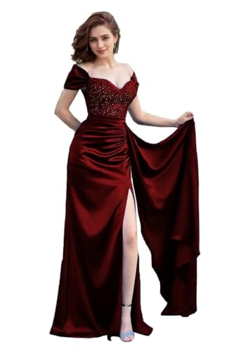 Sheath Prom Dresses 2024 Long Slit Off Shoulder Sweetheart Sparkling Sequin Satin Floor Length Ruched Mermaid Formal Evening Party Gowns for Women with Train Burgundy-Deep 14 MX511
