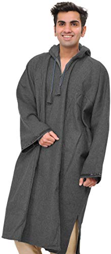 Image of Exotic India Men's Woolen Blend Kashmiri Phiran with Hood | Pure Wool Long Overcoat-Oversized Phiran for Men
