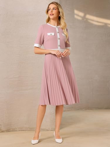 Image of Hobemty Women's Short Sleeve Pleated Dress 2025 Trendy Contrast Color Casual Work A-Line Midi Dresses