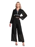 MSemis Conjunto de Noche Traje Elegante de Dos Piezas para Mujer Blusa Brillante de Manga Larga con Cuello en V + Pantalones Anchos para Fiesta Boda Oficina S-XL Negro L