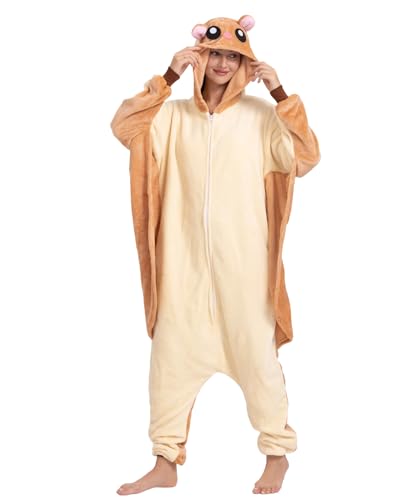 Hundredmore Adult Flying Squirrel Onesie Pajamas with Pockets Unisex Zip Up Flannel One Piece Cosplay Costume Warm Animal Sleepwear for Men and Women