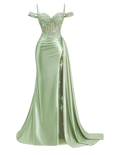Off Shoulder Satin Prom Dresses Long Slit Mermaid Lace Beaded Evening Gown Bodycon Formal Dresses for Women with Tail Sage Green Size 14