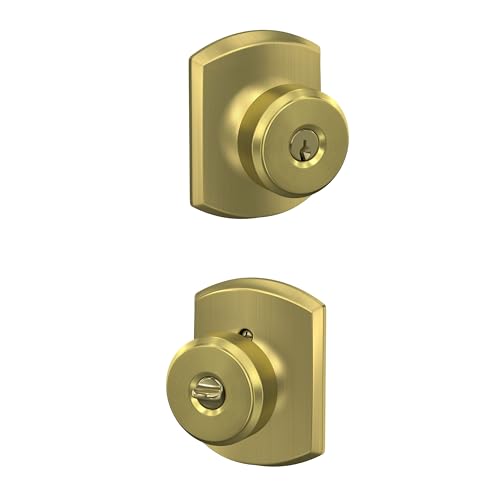 Image of SCHLAGE Bowery Keyed Entry Door Knob, Interior /Exterior, Satin Brass | Keyed entry door knob with turn-button lock, Easy to install, Certified security & durability, Universal fit, 2 keys