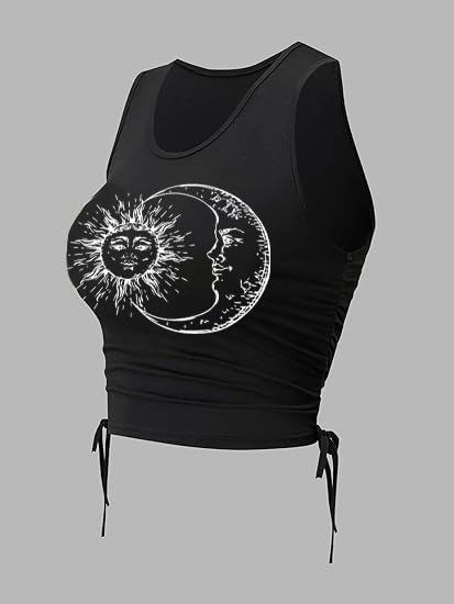 Remidoo Women's Casual Drawstring Graphic Cropped Tank Top Ruched Sleeveless Top Shirt4