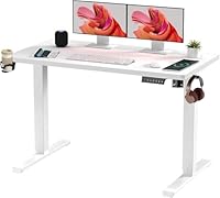 SANODESK Electric Standing Desk ONE PIECE 110 * 54 Height Adjustable Desk With Memory Smart Panel Sit Stand Table With Hooks and Cupholder for Home Office (White Frame+Milk Desktop)