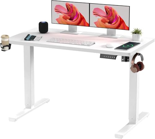 SANODESK Electric Standing Desk ONE PIECE 110 * 54 Height Adjustable Desk With Memory Smart Panel Sit Stand Table With Hooks and Cupholder for Home Office (White Frame+White Desktop)