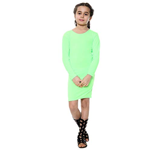 Aelstores Vestido ajustado para niñas Vestidos largos lisos a media pierna Traje de manga completa con cuello redondo elástico Verde neón - 11-12 años