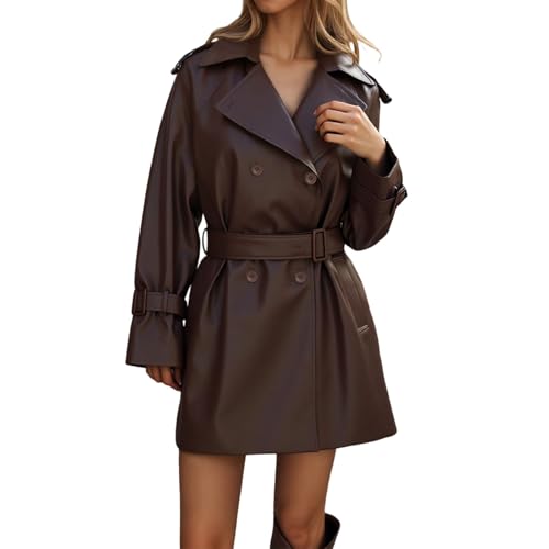 Design semplice ed elegante. Generisch Giacca in pelle da donna lunga trench doppio petto giacca invernale elegante cappotto in pelle con colletto rovesciato, giacca antivento, effetto pelle PU, giacca a vento con cintura