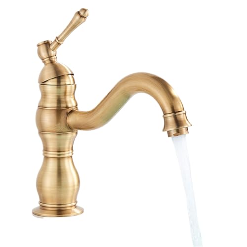 HADECOLL Grifo De Lavabo Dorado, Monomando, Mezclador De Agua Fría Y Caliente, Grifo para Lavabo De Baño, Grifo Giratorio De Latón Antiguo, Grifo Corto, Latón Antiguo, Latón Antiguo Corto