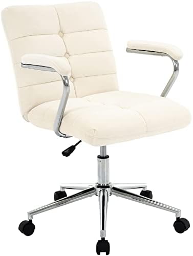 MFD LIVING Velvet Home Office Desk Chair, Upholstered Adjustable Swivel Task Chair with Wheels, Tufted Mid-Back Computer Chair with Arms, for Study Living Room Vanity (Beige White)