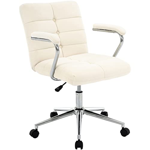 Mfd Living Velvet Home Office Desk Chair, Upholstered Adjustable Swivel Task Chair With Wheels, Tufted Mid-Back Computer Chair With Arms, For Study Living Room Vanity (Beige White) #TOP15