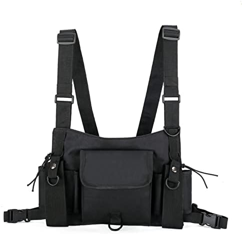 Chest Rig Bag Utility Vest Multi-Pocket Chest Bag for Men Hands Free Radio Front Pack Pouch Hip Hop Chest Pack Functional Tactical Harness for Women Running Exercise Hiking Camping (Black, Size L)