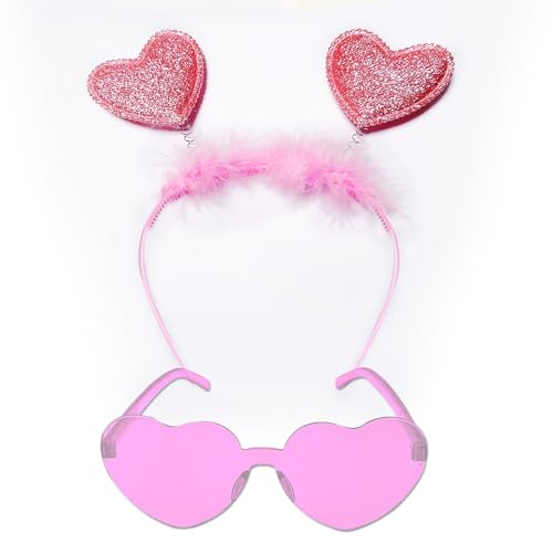Gintison Pink Heart Headband and Pink Heart Sunglasses Set,Valentine’s Day Galentine’s Day Halloween
