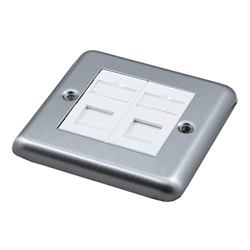 Brush Steel Faceplate Loaded with 2 x Cat6 UTP RJ45 White Euro Module