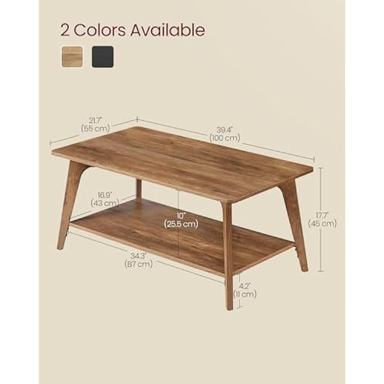 VASAGLE Coffee Table, 2-Tier Living Room Table with Storage, Center Table with Rounded Corners, 21.7 x 39.4 x 17.7 Inches, Easy to Assemble, Honey Brown ULCT249K01