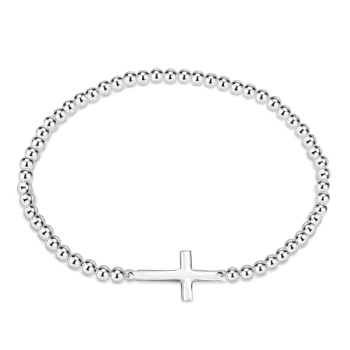AeraVida Faithful Christian Cross .925 Sterling Silver Beaded Elastic Bracelet | 7-Inch Small Fit | Handmade Religious Symbolic Jewelry for Women