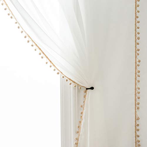 MISS SELECTEX Linen Look Pom Pom Tasseled Sheer Curtains - Rod Pocket Voile Semi-Sheer Curtains for Living and Bedroom, Set of 2 Curtain Panels (52 x 63 inch, White Sheer & Nature Pom Poms) by MISS SELECTEX - Used condition - US$11.10