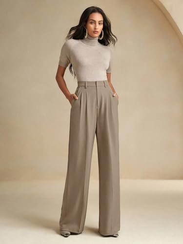 Image of KOTTY Women's High Waist Solid Color Hook and Bar Wide Leg Trousers Loose Comfort Trouser with Pockets