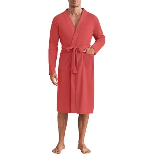 Ekouaer Mens Robes Lightweight Waffle Knit Kimono Bathrobe Long Sleeve Sleepwear Soft Knee Length Robe with Pockets S-3XL