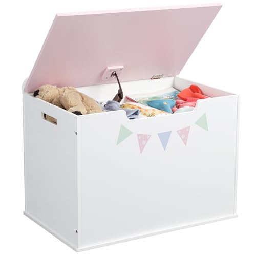 Navaris Wooden Toy Box - Versatile Storage Bench with Lid for Boys & Girls - Childrens Trunk Ideal for Toys Blankets Books and Clothes - Kids Toybox Chest with Soft Closure - Pink