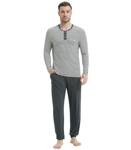 Image of NACHILA Mens Pajamas Set Long Sleeve Henley Sleepwear Top Soft Jogger Pants Pajamas Cool Pjs Set,Viscose Made from Bamboo