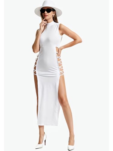 Image of Women's Sexy Double High Slit Mock Neck Goth Y2k Dress 2026 Summer Rave Outfits Party Club Long Maxi Dresses