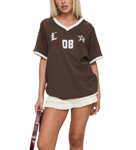 Women Y2k Jersey Shirts Oversized Letter Graphic Tees V Neck