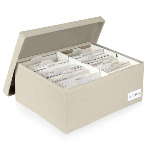 Himake Decorative Photo Storage Box - Linen Photo Box Organizers with Dividers Fits Holds Up to 1700 Photos in 5x7 inch Size Portable Scrapbook Storage Containers with Lid (Beige)