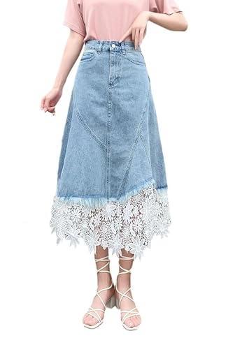 Womens Denim Skirt Pleated Lace Patchwork High Waist Slim A-Line Long Casual Denim Skirt
