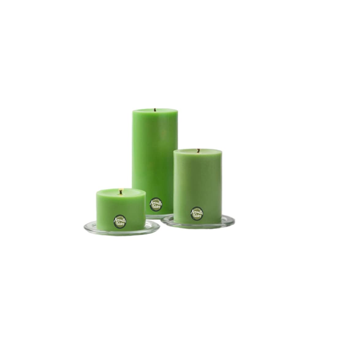 First Row Aromatic Fables Magnet Scented Light Green Color Pillar Wax Candles with Fiber Tray Stand |Size: 4x3x2 Inch, Set of 3