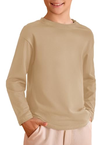 Haloumoning Kids Boys Long Sleeve Crewneck T-Shirts Tee Tops 5-14 Years Khaki