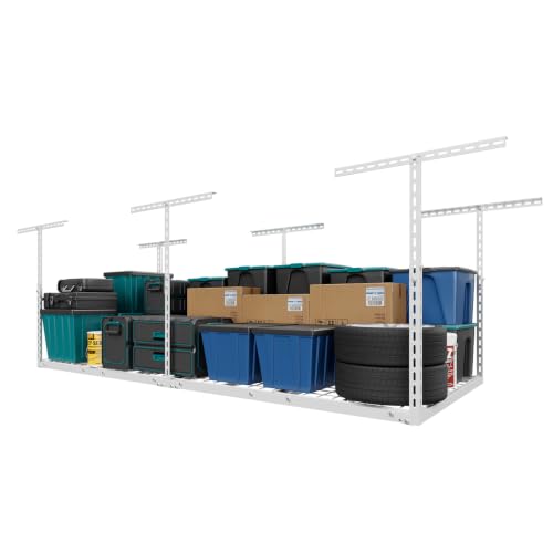 Image of Jusgym 3X8FT Overhead Garage Storage Rack, 26 inch-40 inch Height Adjustable Garage Ceiling Storage Racks, Heavy Duty Metal Overhead Storage Organizer System, 750LBS Weight Capacity, White