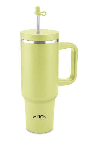 Image of Milton My Tumbler 1200 Thermosteel Double Wall Vacuum Insulated Stainless Steel Tumbler with Handle 1100ml,Leak Proof Travel Mug, Straw,Silicon Cap Cleaning Brush, Hot & Cold Beverage Flask,Moss Green