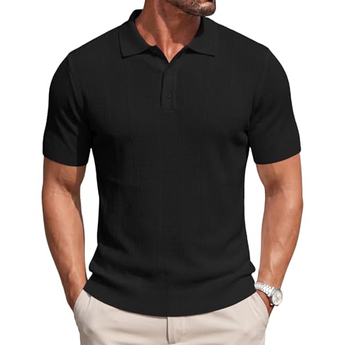 Image of Focixfor Mens Polo Shirts Short Sleeve Knitted Ribbed Stretch Casual Vacation Golf T-Shirts Black 2XL