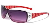 Kleo Lion Head Medallion Greek Key Wrap Around One Piece Sunglasses (Red & Silver Frame, Red Gradien