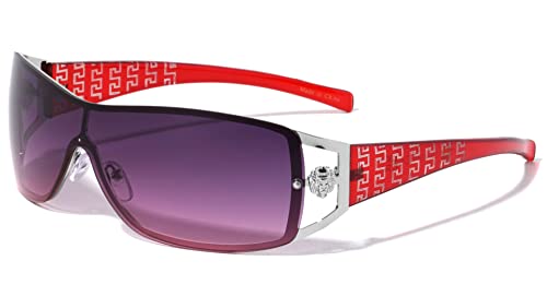 Kleo Lion Head Medallion Greek Key Wrap Around One Piece Sunglasses (Red & Silver Frame, Red Gradient Lenses) #TOP6