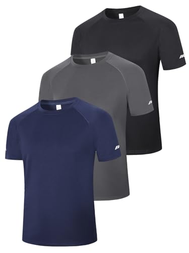 Image of Cimic 3 Pack Men's T-Shirts Quick Dry Gym Tops Short Sleeve Sport Moisture Wicking Shirts Running Breathable Workout Athletic Tshirts T5020-Black Grey Navy-M