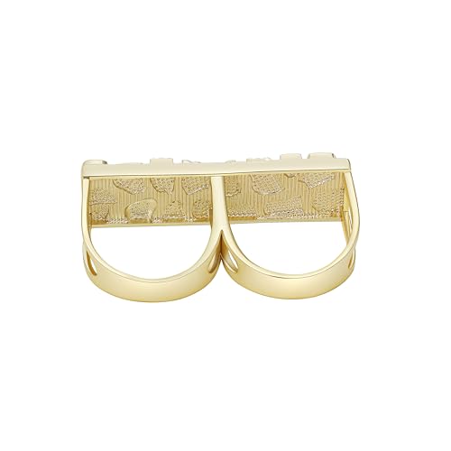 14k Gold Plated Rough Textured Cookie Nugget Two Finger Rings Classic Simple Double Finger Ring Men/Women Unisex4