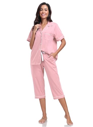 Image of COLORFULLEAF 100% Cotton Capri Pajama for Women Set Summer Short Sleeve Pj Sets for Women Cotton Sleepwear