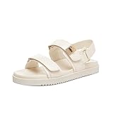 Rihero Women's Flat Sandals Comfort Adjustable Double Strap Slip on Leather Footbed White Sandals with Back Strap Size 10