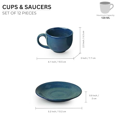 Image of ExclusiveLane 'Ocean Ripples' Ceramic Tea Cup and Saucer Set of 6 (Studio Pottery, 120 ml, Blue, Microwave Safe) |Ceramic Cup Saucer Set of 6 for Tea Cups with Saucer Chai Cup Coffee Cup with Saucers