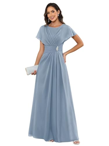 Mother of Bride Dresses for Women 2025 Scoop Neck Beaded Pleated Chiffon Classy Wedding Guest Gown with Sleeves