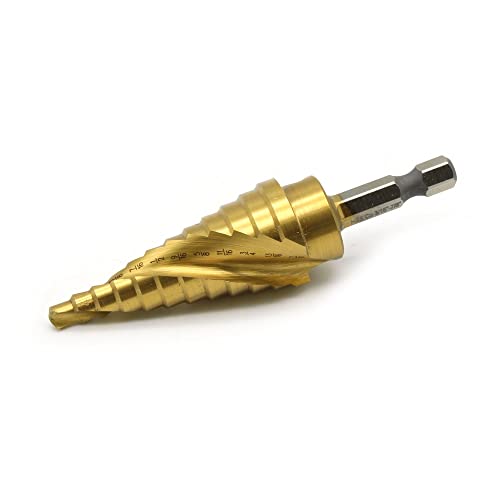 Image of TEMO M35 Cobalt Spiral Flute Step Drill Unibit with Titanium Coating, 12 Sizes 3 /16 Inch (4.8 mm) to 7 /8 Inch (22.2 mm), 1 /4 Inch Hex Shank