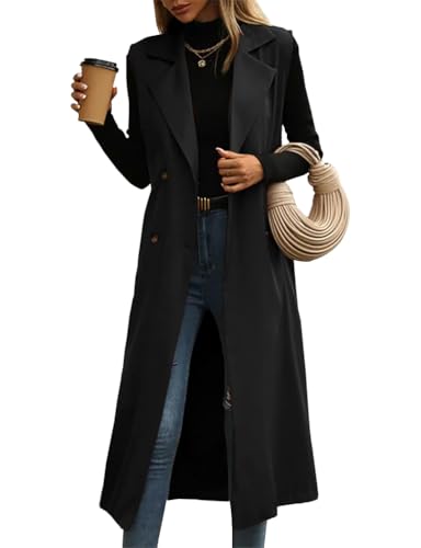 IDEALSANXUN Long Vest for Women Sleeveless Blazer 2025 Trench Coats Spring Fall Business Casual Outfits Office Work Dressy Jackets, Black, S