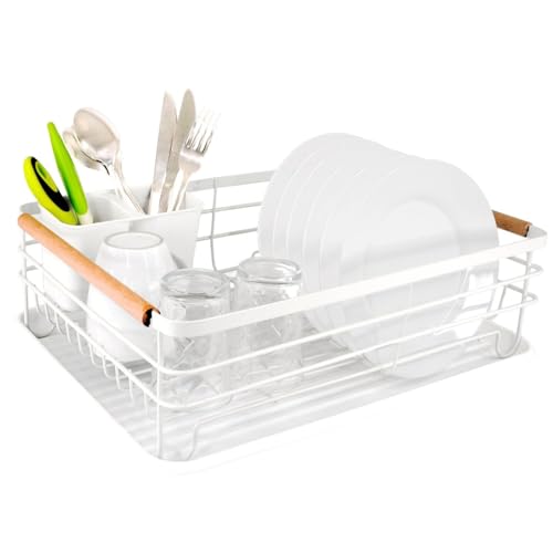DJPF®️ Escurreplatos de Acero Recubierto para Fregadero – Escurridor de Platos con Gran Capacidad, Soporte para Cubiertos y Utensilios, Apto para Armarios –43,3 x 36,3 x 15,9 cm (Blanco)