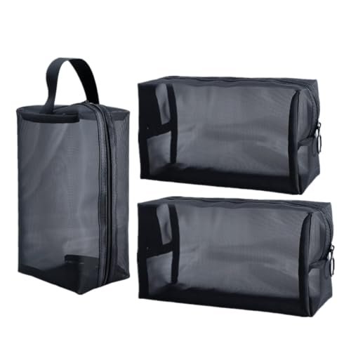 AUTSUPPL Bolsa de Cosméticos de Malla Negra Portátil 3 Piezas para Viaje, Neceser de Maquillaje y Almacenamiento para Artículos de Tocador, Bolsa de Viaje Ligera y Fácil de Limpiar