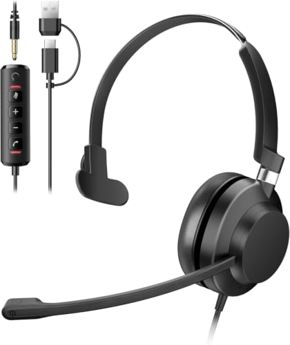Single Ear Wired Headset with Microphone (USB-A/C, 3.5mm)